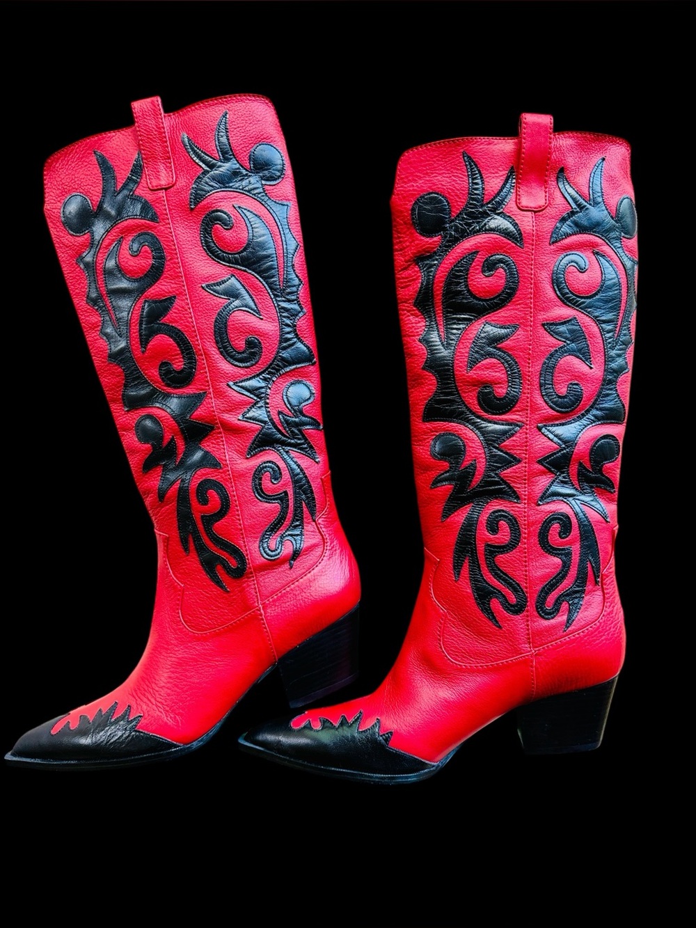 RARE Vintage J. Renee ROGERS Red Black Leather Cowboy Boots 7.5W NIB Flame Y2K - Picture 1 of 12